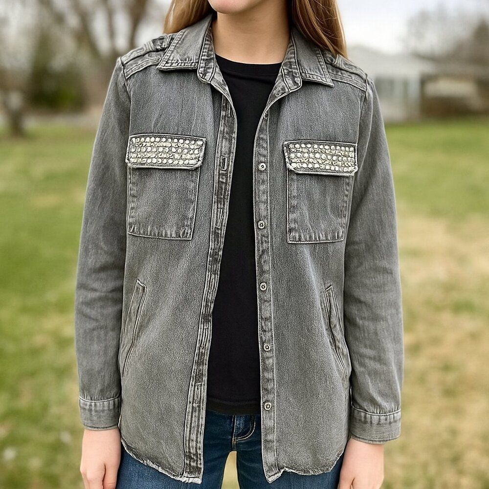 Rhinestone Beaded Denim Button Down Shirt Jacket Ciminy Paris  Collared Size S